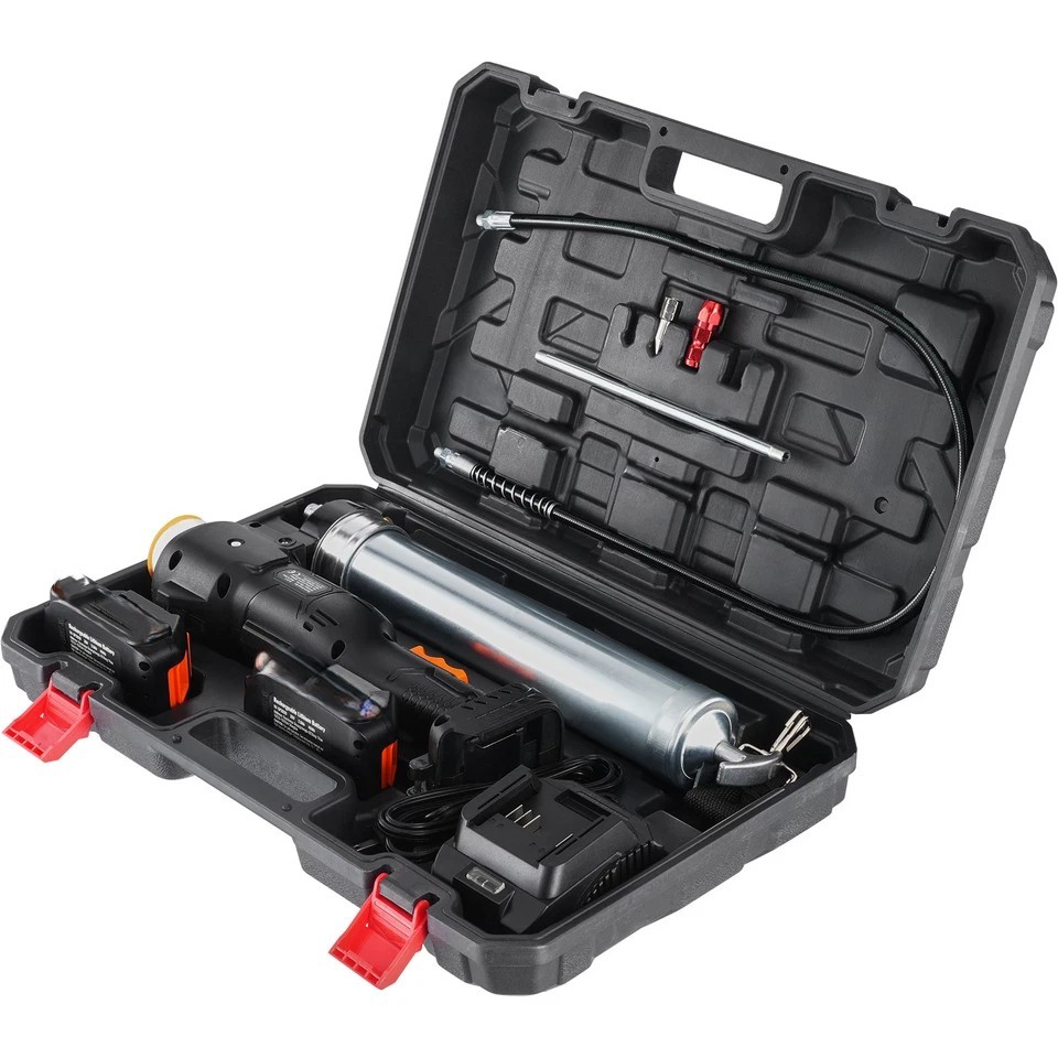 Akkukäyttöinen rasvaprässi kahdella akulla ja laturilla